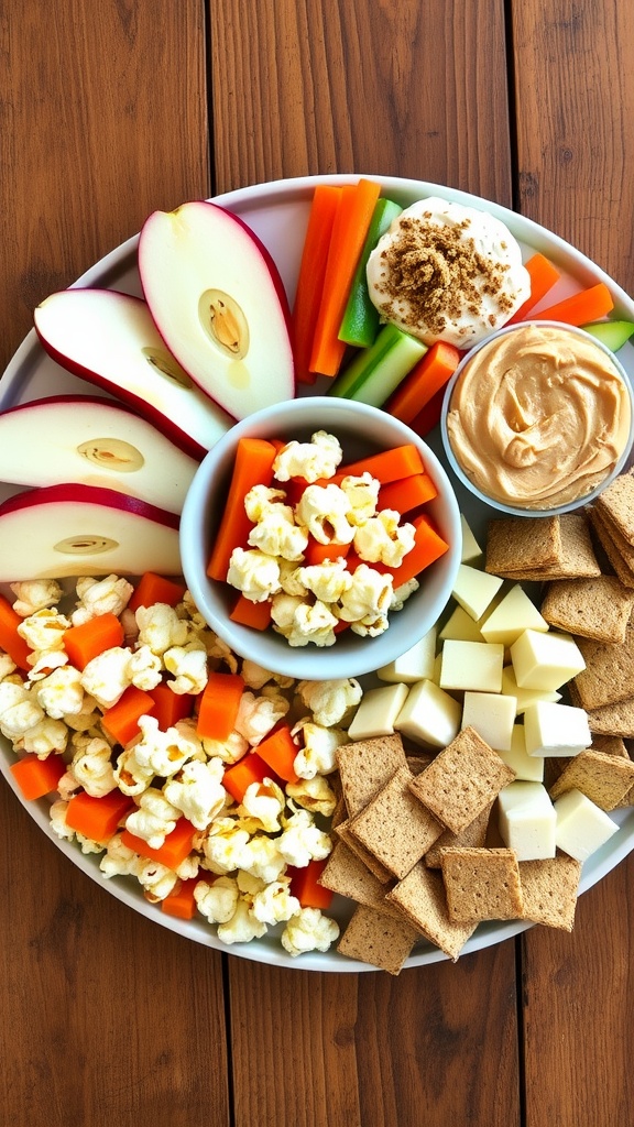 A colorful platter of five snacks including apple slices, yogurt, veggie sticks, popcorn, and cheese with crackers.